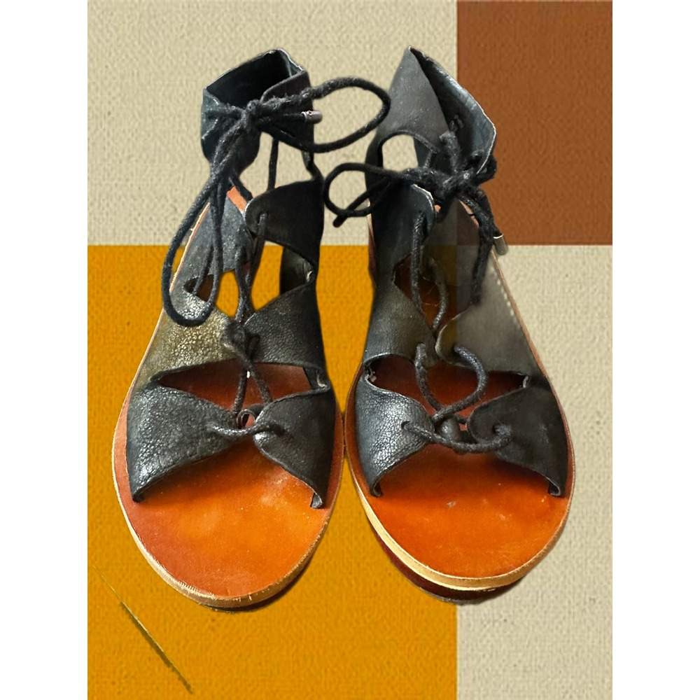 Lucky Brand Black‎ Leather Lace Up Gladiator Sandals Women Size 6M 36 Wedge